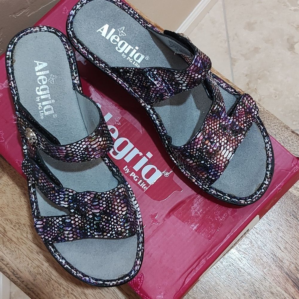Alegria Multicolor Metallic Snake Print Sandals
